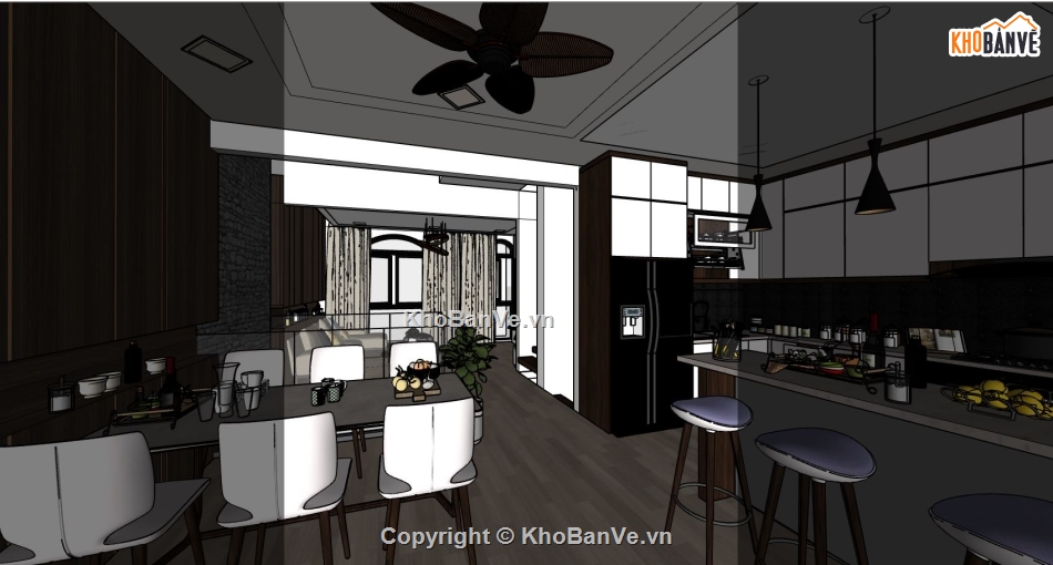 sketchup nội thất chung cư,sketchup phòng khách bếp chung cư,model su nội thất phòng bếp