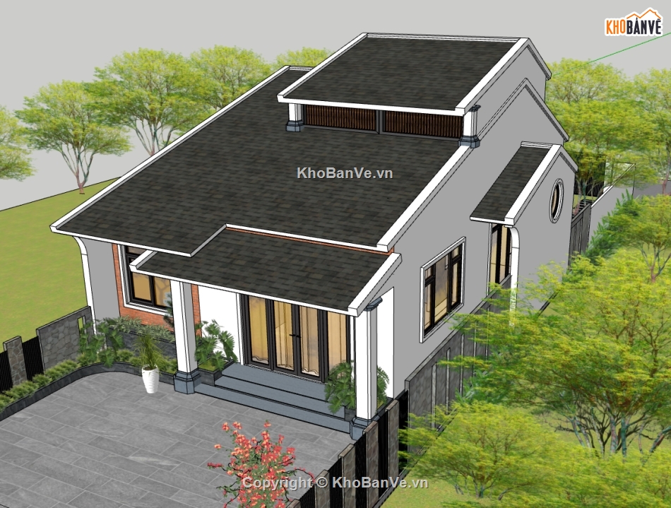 biệt thự 1 tầng,biệt thự sketchup,sketchup biệt thự