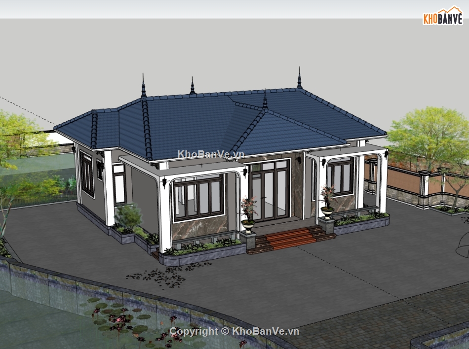 biệt thự đẹp,biệt thự 1 tầng,biệt thự sketchup,sketchup biệt thự 1 tầng,sketchup biệt thự