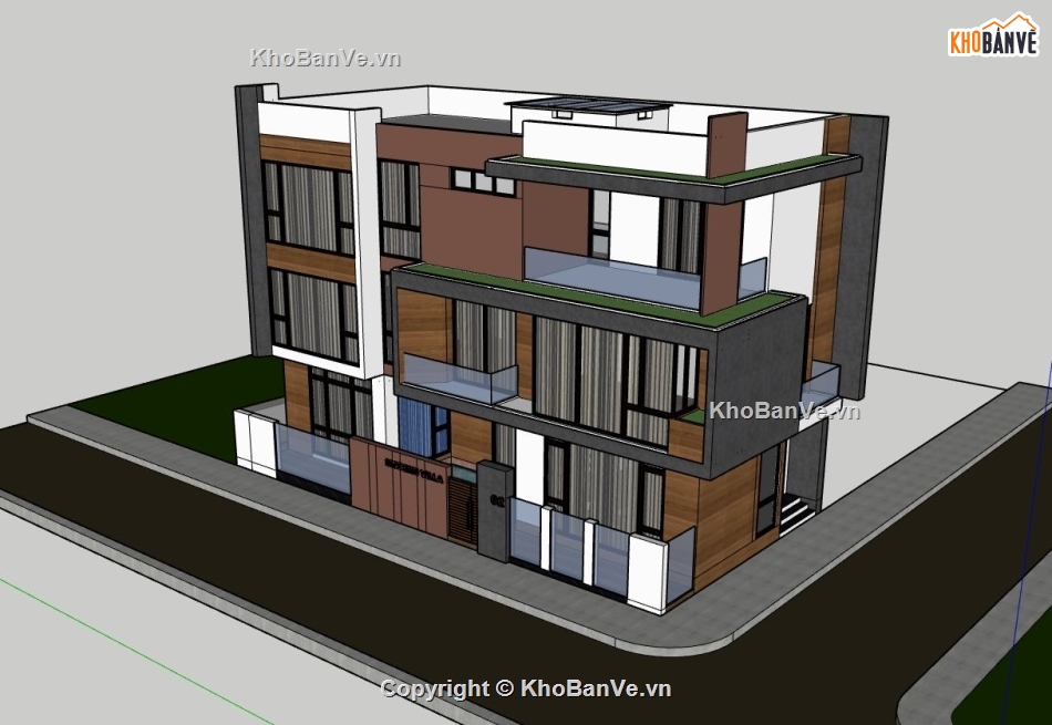biệt thự sketchup,bản vẽ biệt thự phố 3 tầng,phối cảnh biệt thự 3 tầng,mẫu 3dsu biệt thự 3 tầng