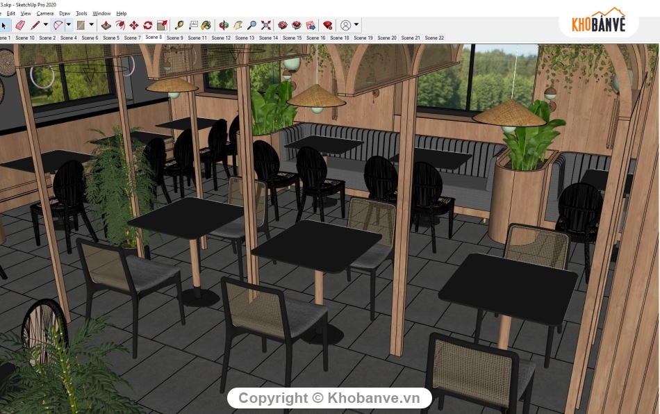 sketchup nội thất,3d nội thất nhà hàng,File su nội thất quán ăn,nội thất nhà hàng,model su nhà hàng
