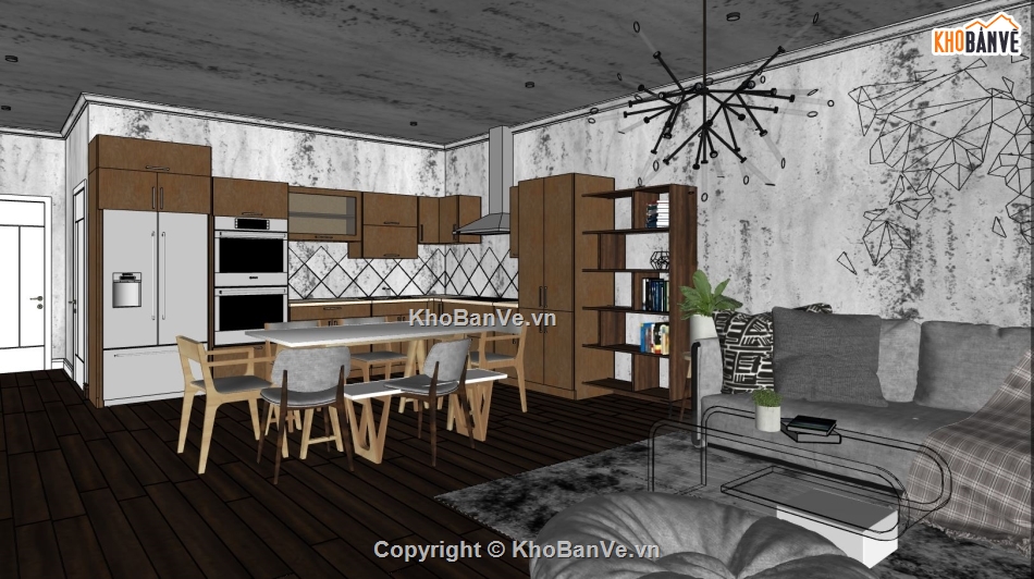 sketchup phòng khách,thiết kế phòng khách hiện đại,su phòng khách bếp liền kề,3d su nội thất phòng khách