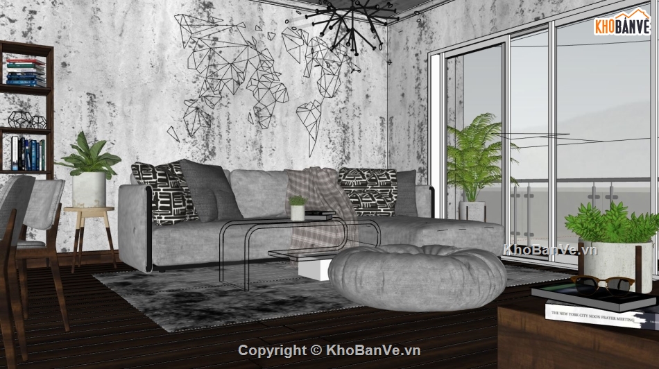 sketchup phòng khách,thiết kế phòng khách hiện đại,su phòng khách bếp liền kề,3d su nội thất phòng khách