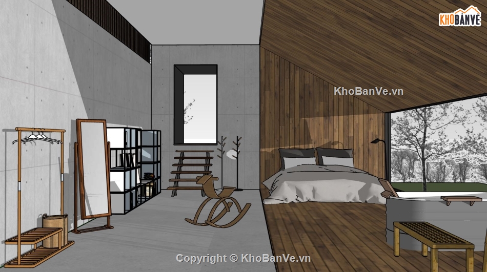 thiết kế phòng ngủ sketchup,phòng ngủ áp mái,file su phòng ngủ áp mái