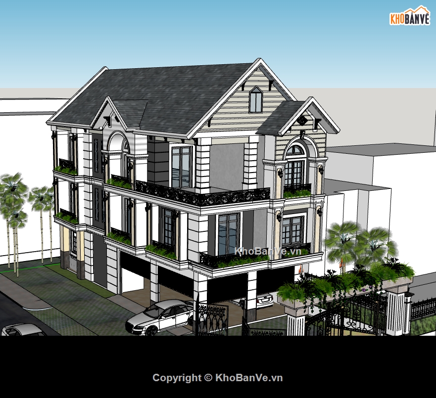 su biệt thự,sketchup biệt thự,su biệt thự 3 tầng,sketchup biệt thự 3 tầng