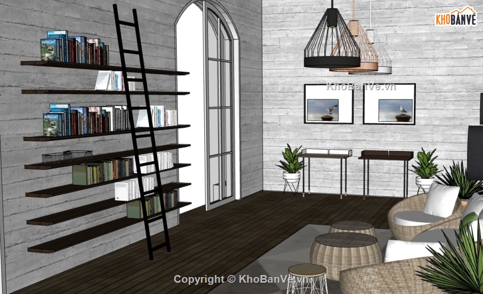 thiết kế nội thất sketchup,sketchup nội thất phòng đọc sách,3d su phòng sách