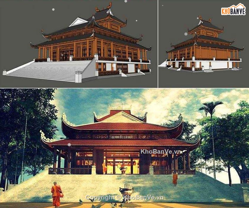 sketchup thiết kế chùa,mẫu dựng chùa đẹp,file sketchup chùa,phối cảnh 3d chùa