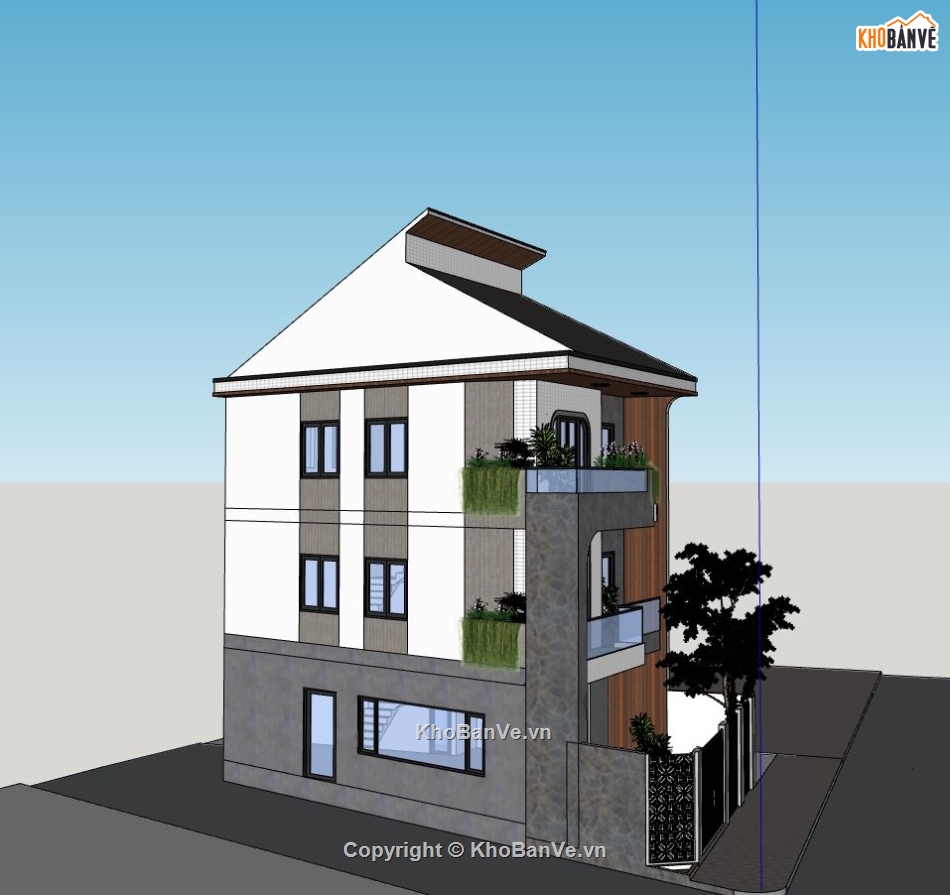 nhà phố 3 tầng dựng file sketchup,file su nhà phố 3 tầng,phối cảnh nhà phố 3 tầng