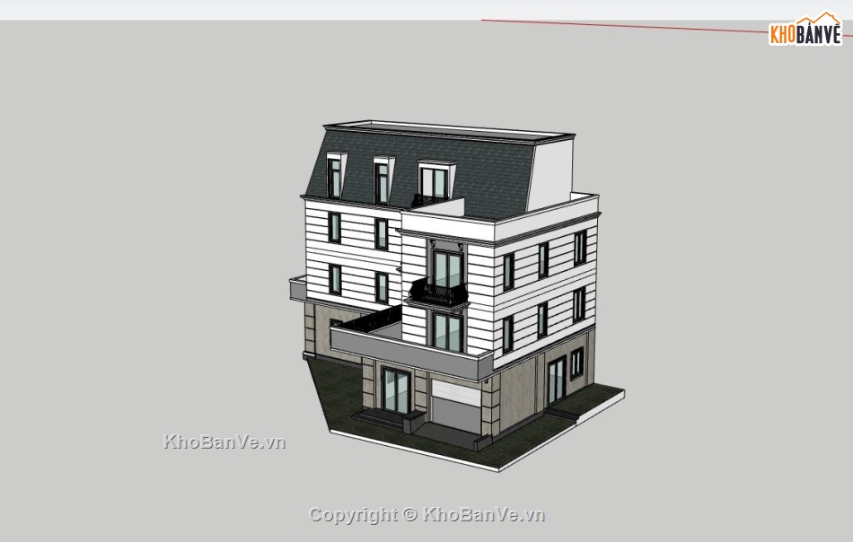 nhà phố 4 tầng,model su nhà phố 4 tầng,file sketchup nhà phố 4 tầng,phối cảnh nhà phố 4 tầng