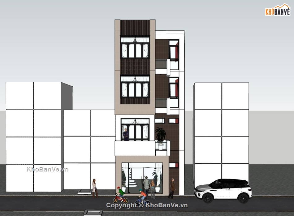 nhà phố 4 tầng,sketchup nhà phố 4 tầng,mẫu phối cảnh nhà phố 4 tầng,model 3d nhà phố 4 tầng