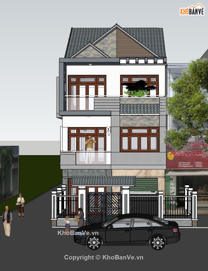 nhà phố 2 mặt tiền dựng sketchup,3d su mẫu nhà phố 3 tầng,model sketchup nhà phố 3 tầng,phối cảnh nhà phố 3 tầng
