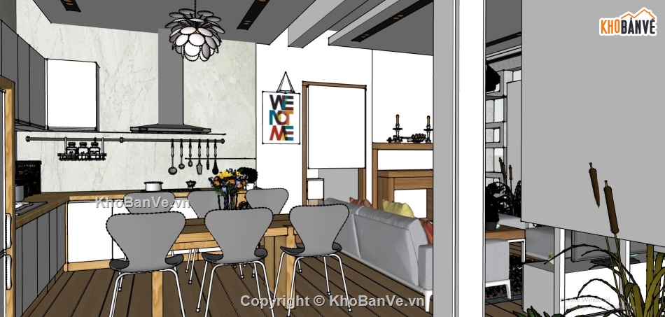 file su nội thất khách bếp,dựng phòng khách bếp sketchup,model khách bếp,nội thất khách bếp hiện đại
