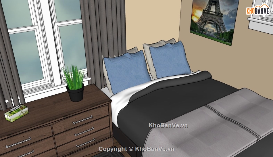 phòng ngủ sketchup,File phòng ngủ dựng sketchup,phối cảnh nội thất phòng ngủ,bản vẽ 3d phòng ngủ