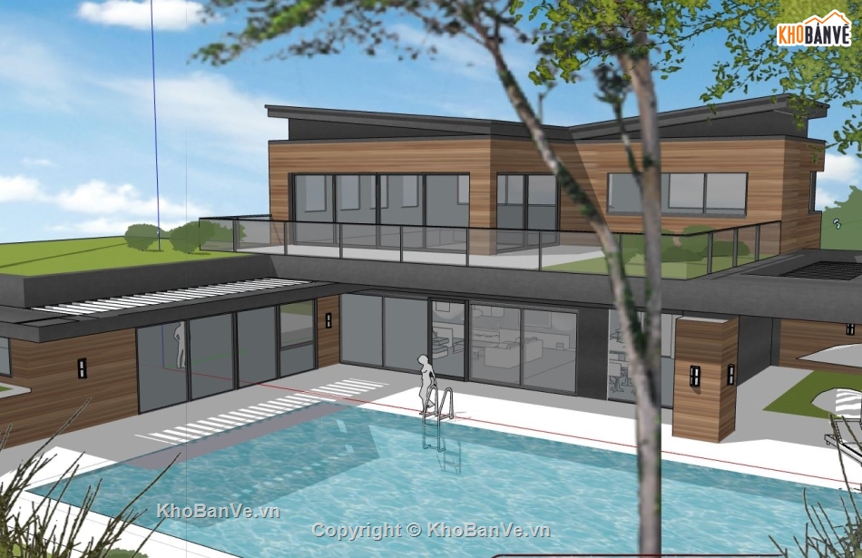 biệt thư 2 tầng,sketchup biệt thự 2 tầng có hồ bơi,model su biệt thự 2 tầng,file sketchup biệt thự 2 tầng