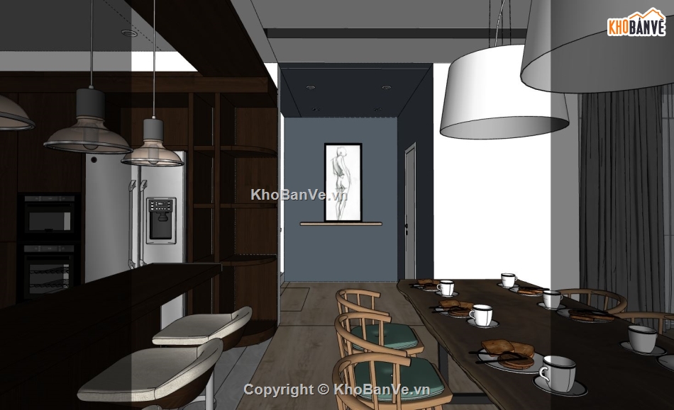 sketchup phòng khách,sketchup nội thất phòng khách bếp,phối cảnh khách bếp sketchup