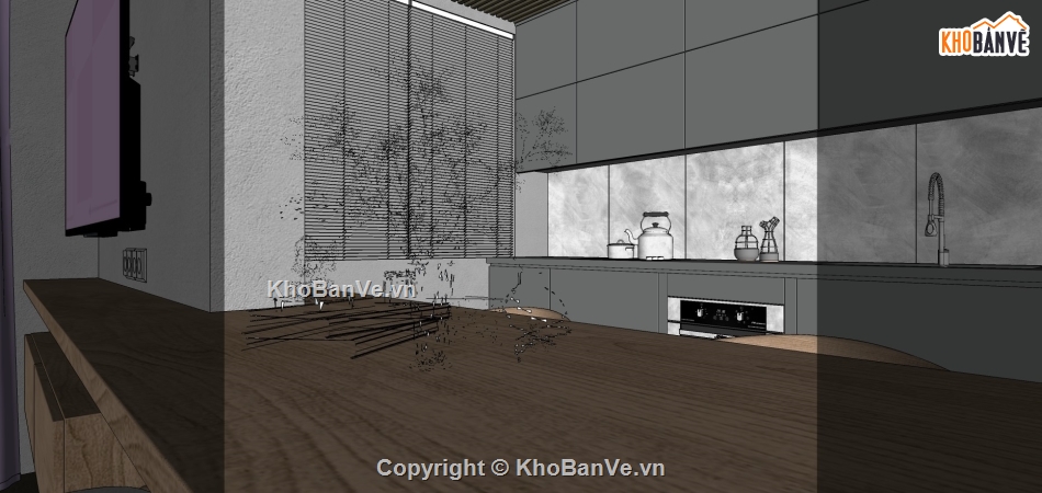 Model sketchup phòng khách,phòng khách bếp,Sketchup phòng khách bếp,nội thất phòng khách,su phòng khách hiện đại
