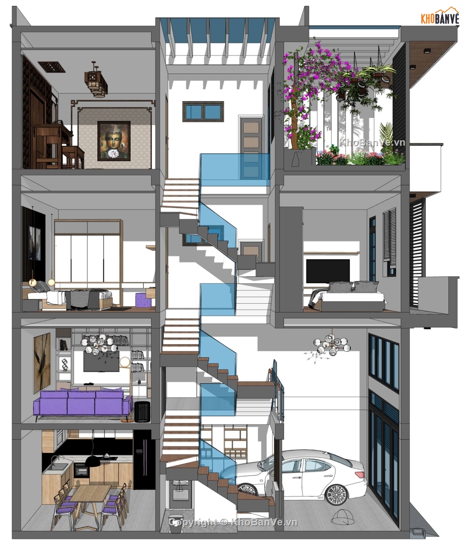 nhà phố 3 tầng sketchup,nhà phố 3 tầng 5x11.3m,File sketchup nhà phố 3 tầng,sketchup nhà  3 tầng