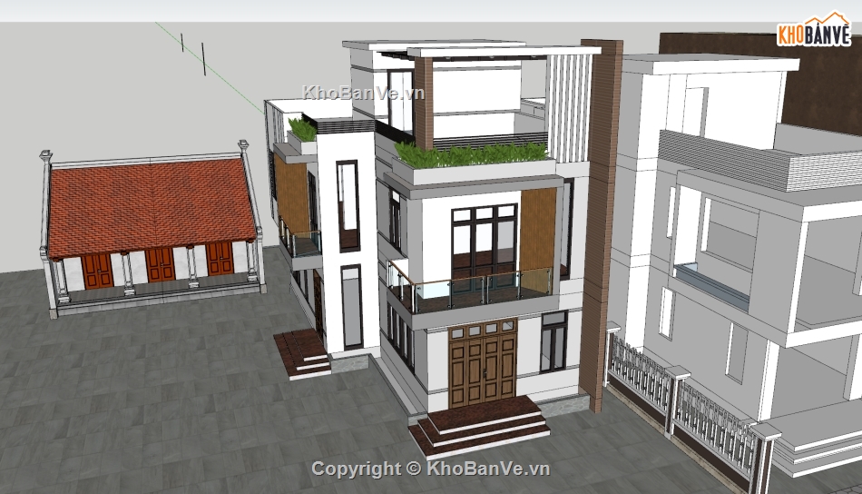 nhà phố 2 tầng 1 tum sketchup,nhà phố sketchup,2 tầng 1 tum,Model sketchup nhà phố 2 mặt tiền,nhà phố 2 mặt tiền