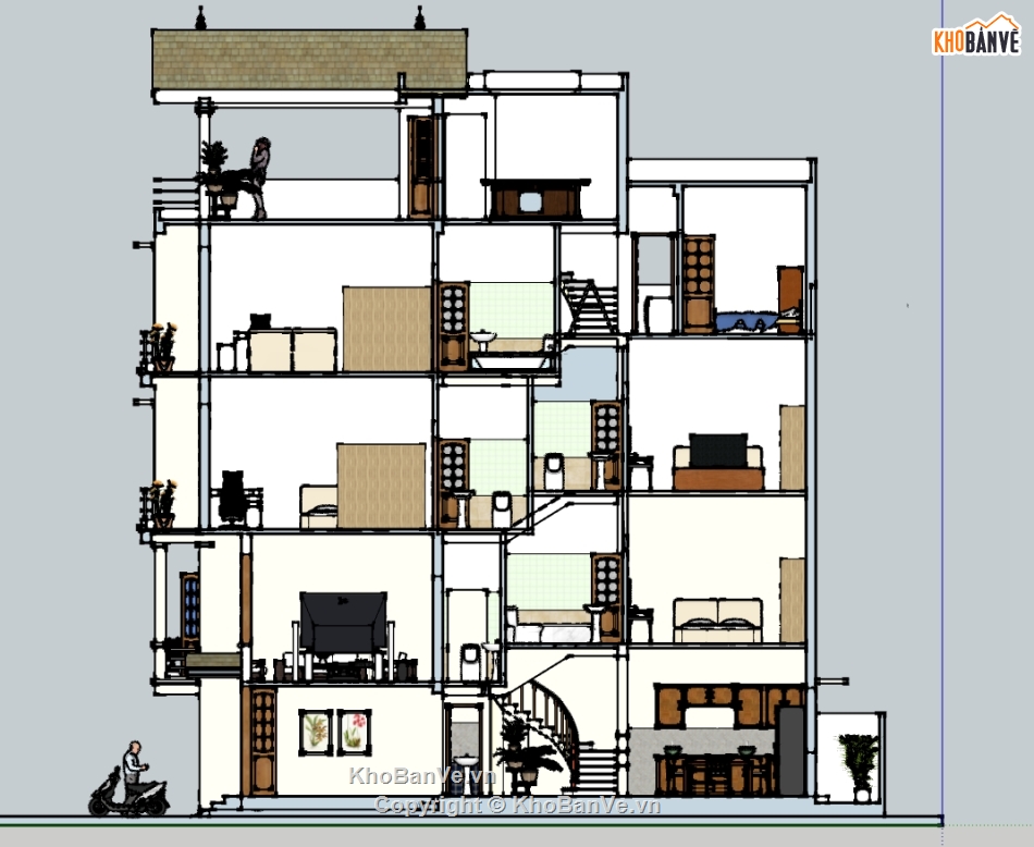 nhà 5 tầng,su nhà 5 tầng,sketchup nhà lệch tầng