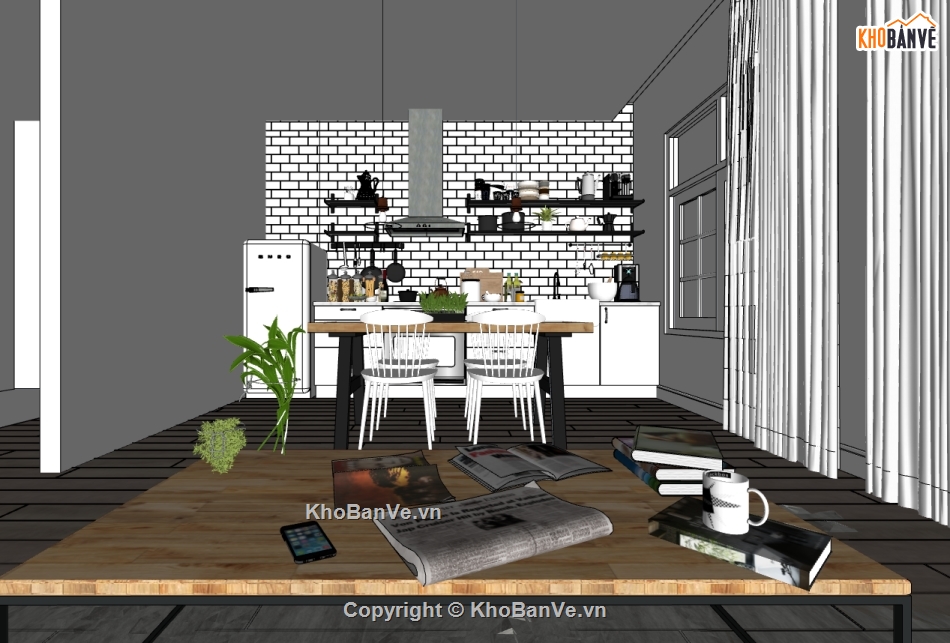 sketchup nội thất phòng khách bếp,nội thất khách bếp sketchup,model sketchup nội thất khách bếp,thiết kế phòng khách bếp file sketchup