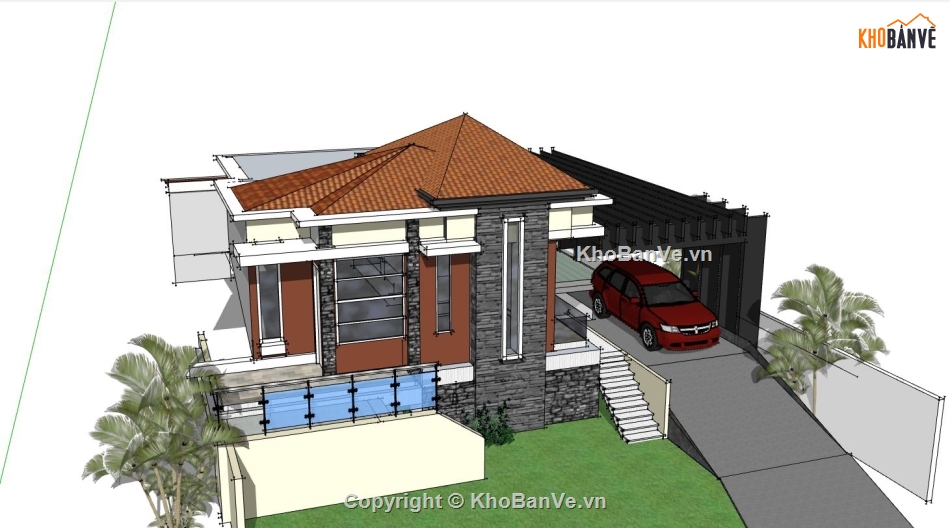 villa đẹp,villa su,villa 1 tầng file sketchup,mẫu sketchup villa đẹp