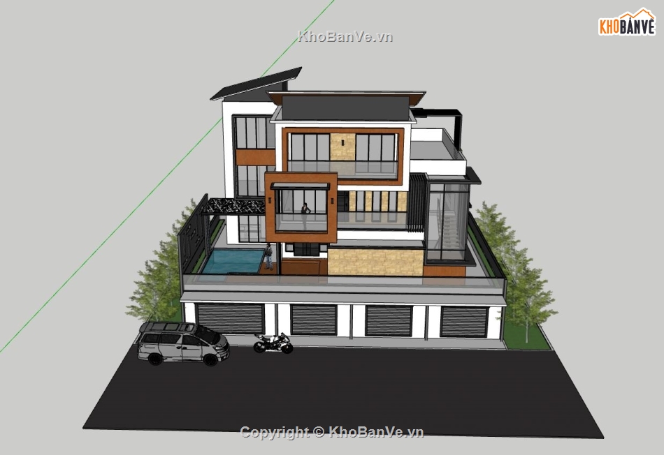 biệt thự 3 tầng,sketchup biệt thự,phối cảnh biệt thự,bản vẽ biệt thự