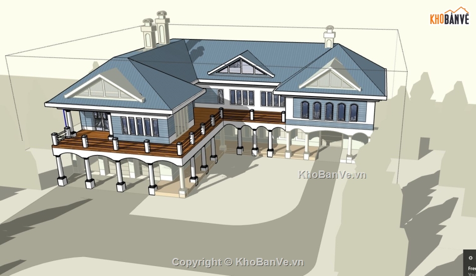 sketchup biệt thự 2 tầng,biệt thự chữ L,phối cảnh biệt thự 2 tầng,bản vẽ biệt thự chữ L