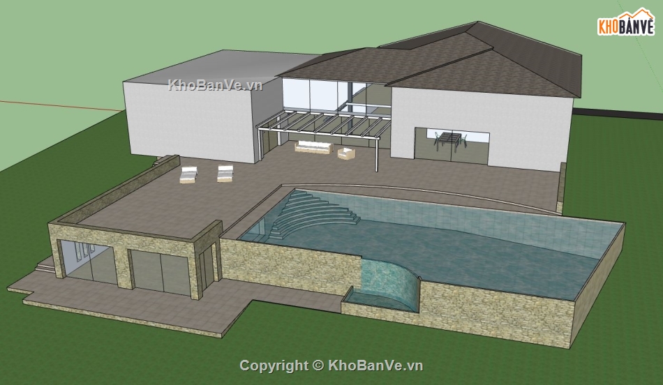 sketchup biệt thự 1 tầng,biệt thự nghỉ dưỡng,Model sketchup biệt thự,sketchup biệt thự