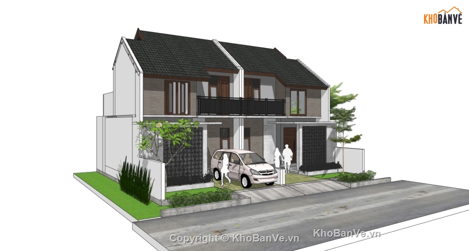 biệt thự 2 tầng dựng file su,biệt thự song lập dựng sketchup,file sketchup bao cảnh biệt thự,Model sketchup dựng biệt thự