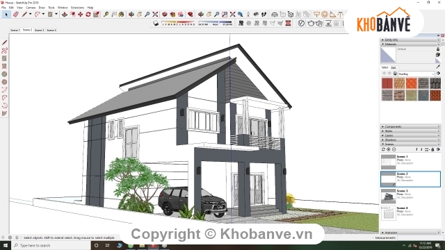 Sketchup,biệt thự 2 tầng,biệt thự mái thái