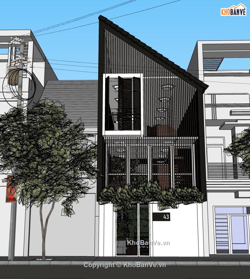 nhà phố 3 tầng,Model sketchup nhà phố 3 tầng,nhà phố mái chéo,mẫu nhà phố 3 tầng