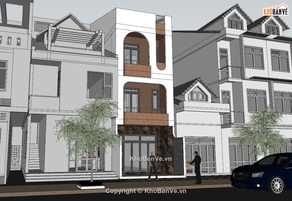 Nhà phố 2 tầng 5x16.8m,model su nhà phố 2 tầng,bản vẽ nhà phố 2 tầng,nhà phố 2 tầng file sketchup,sketchup nhà phố 2 tầng