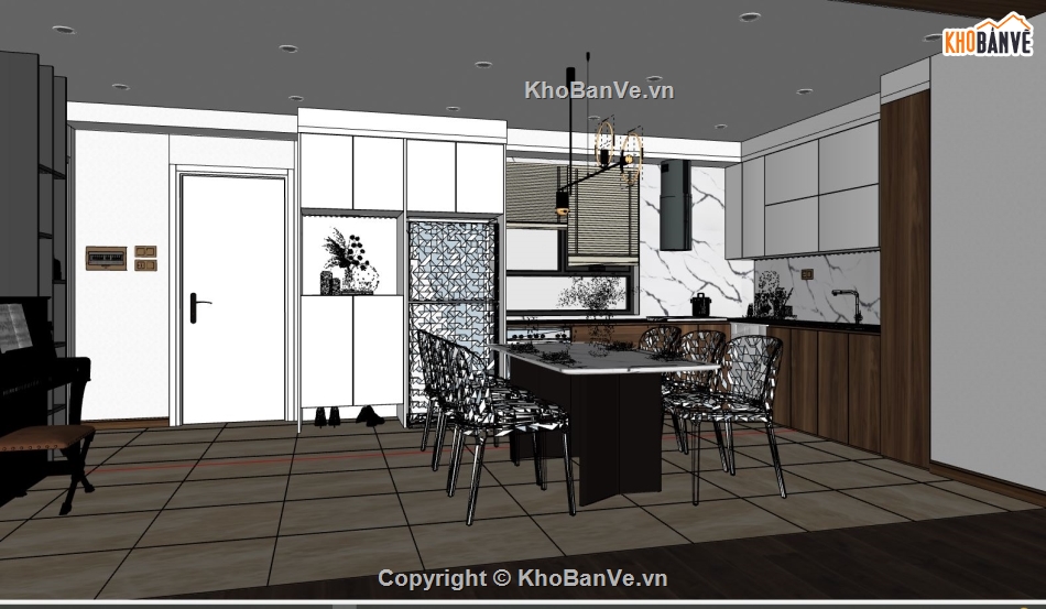 sketchup nội thất,sketchup nội thất bếp,model nội thất khách bếp,sketchuo nội thất khách bếp