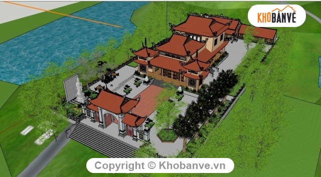 phối cảnh chùa,File sketchup chùa,cảnh chùa Đắc Lâm,Sketchup chùa Đắc Lâm,Sketchup tổng cảnh chùa Đắc Lâm