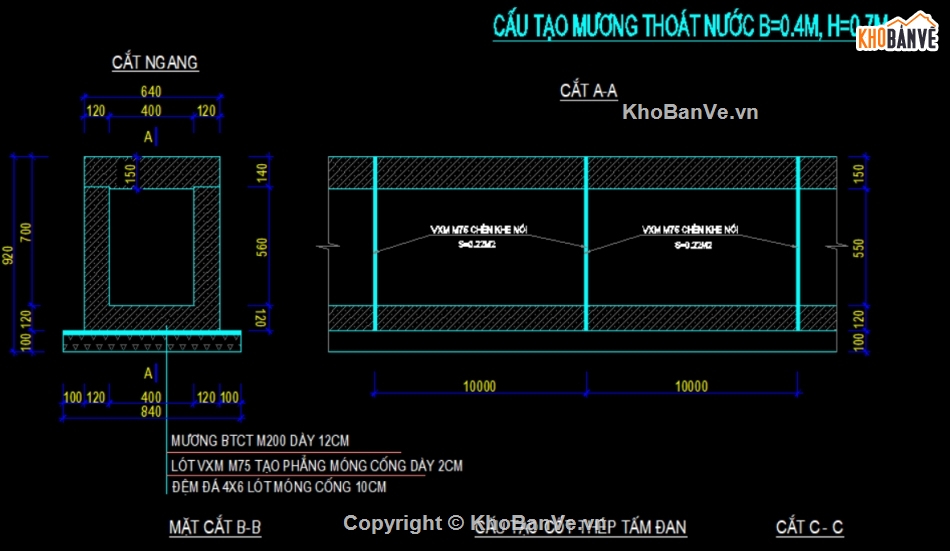 bê tông,mương bê tông,bản vẽ kênh mương,thiết kế mương,bản vẽ cad thiết kế kênh mương,mương 70x70m