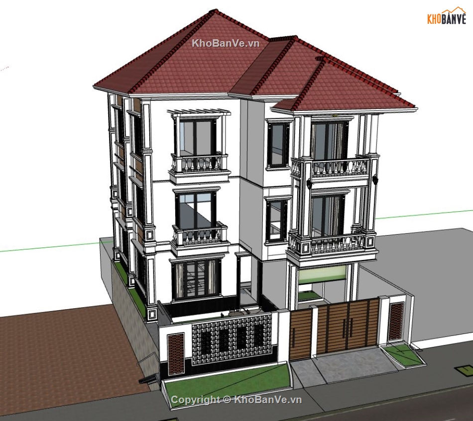 Biệt thự 4 tầng dựng sketchup,file sketchup biệt thự 4 tầng,model su biệt thự 4 tầng