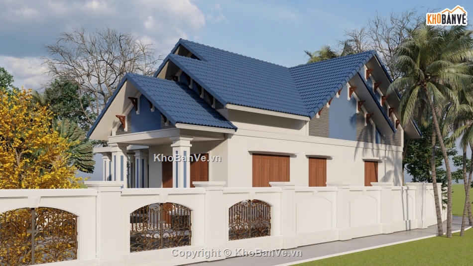 biệt thự 1 tầng,bản vẽ biệt thự 1 tầng,biệt thự mái thái,file cad biệt thự 1 tầng