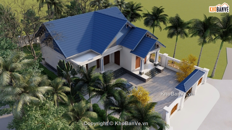 biệt thự 1 tầng,bản vẽ biệt thự 1 tầng,biệt thự mái thái,file cad biệt thự 1 tầng