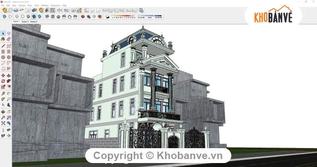 sketchup phối cảnh,Biệt thự tân cổ điển,sketchup kiến trúc,bản vẽ biệt thự 4 tầng,biệt thự 4 tầng 6x14m