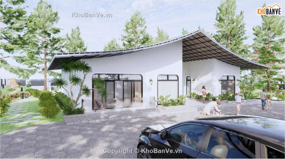 nhà mái cong,sketchup sân vườn,lanscape,thuần su,kiến trúc hiện đại