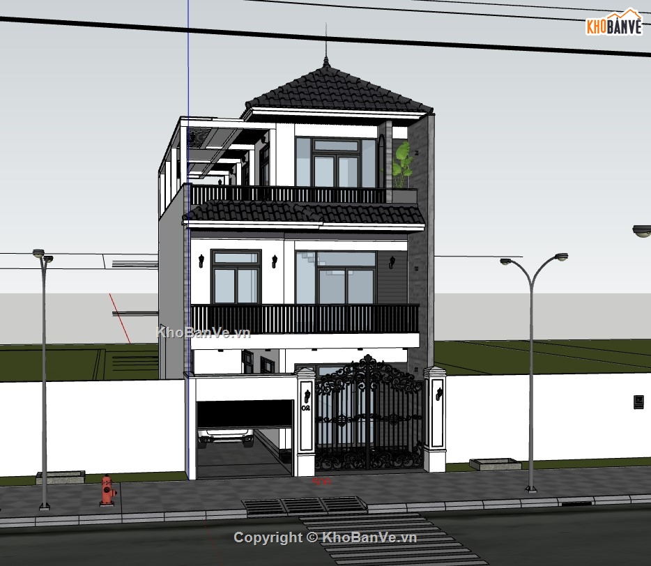 nhà phố 3 tầng dựng sketchup,Mẫu nhà phố dựng 3d su,file sketchup nhà 3 tầng,model su nhà phố 3 tầng