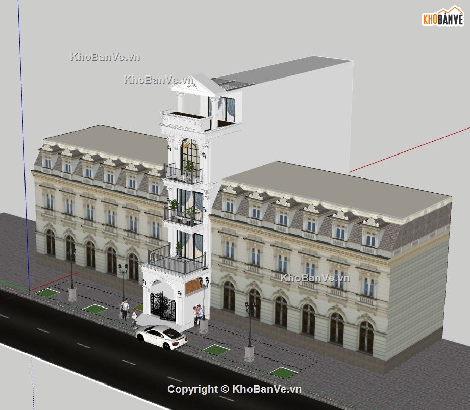 nhà phố 4 tầng 4.5x30m,file su nhà phố 4 tầng,nhà phố 4 tầng tân cổ điển,nhà phố tân cổ điển file sketchup