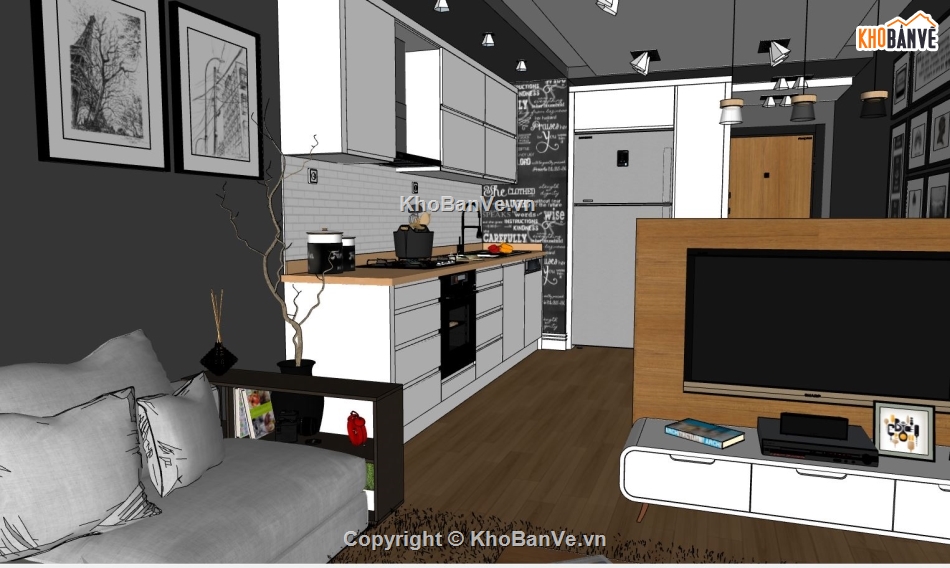 Nội thất phòng khách bếp,sketchup nội thất khách bếp,phòng khách bếp file su,mẫu dựng 3dsu khách bếp