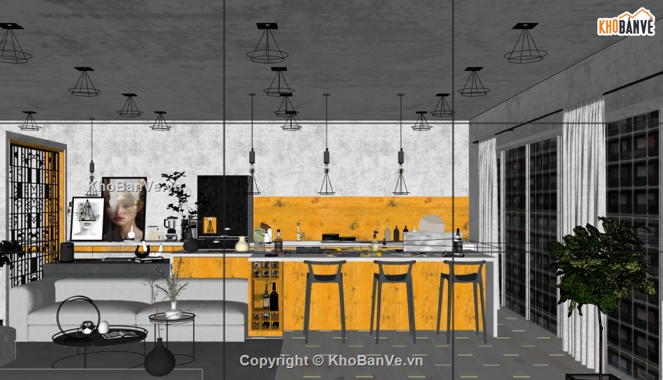 thiết kế nội thất phòng khách bếp,sketchup nội thất phòng bếp,sketchup phòng khách bếp chung cư,sketchup nội thất khách bếp