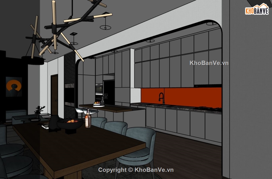 sketchup phòng khách,Nội thất phòng khách bếp sketchup,mode su nội thất phòng khách,mẫu nội thất phòng khách