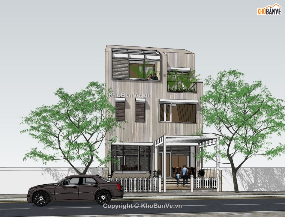 mẫu nhà phố 3 tầng,nhà phố 3 tầng sketchup,phối cảnh nhà phố 3 tầng,model su nhà phố 3 tầng