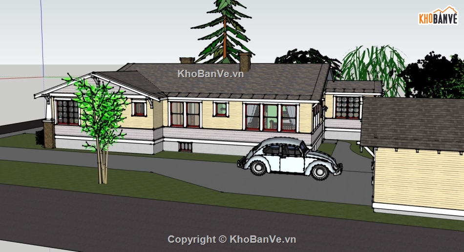 mẫu biệt thự 1 tầng,file su biệt thự 1 tầng,phối cảnh biệt thự 1 tầng,model sketchup biệt thự 1 tầng