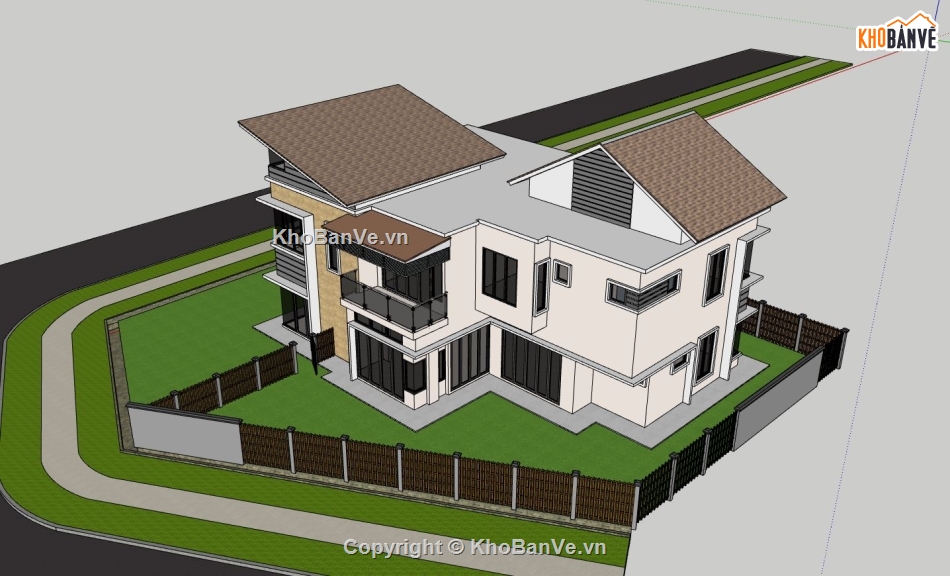 biệt thự 2 tầng,biệt thự sketchup,phối cảnh biệt thự