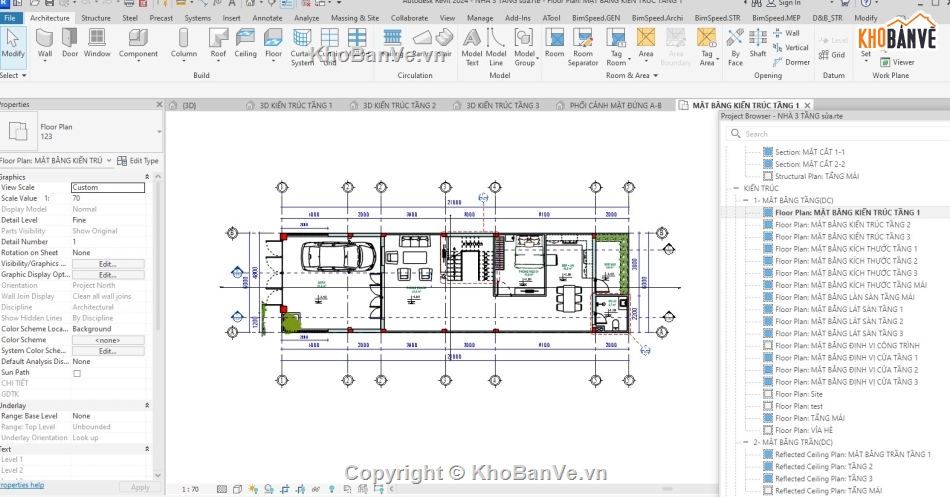 3 tầng,nhà đẹp,revit,Nhà phố 3 tầng đầy đủ công năng,biệt thự