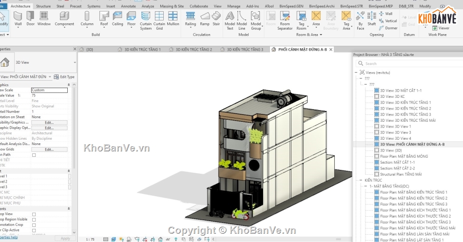 3 tầng,nhà đẹp,revit,Nhà phố 3 tầng đầy đủ công năng,biệt thự